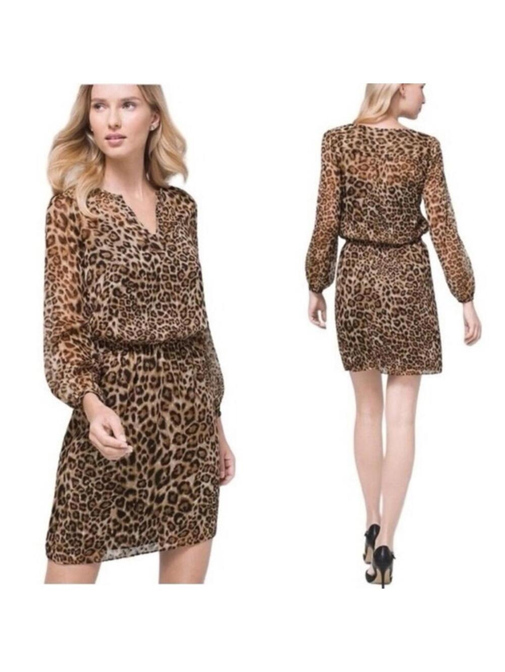 White House Black Market Brown Leopard Metallic V-neck Long Sleeve Dress- Size 6 - Picture 3 of 7